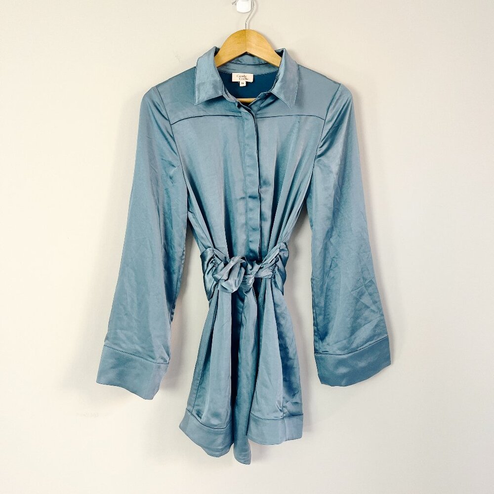 Camila Coelho Satin Shirt Dress in Dusty Blue